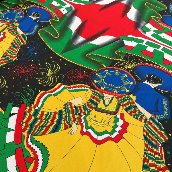 Tela con diseño de pareja bailando jarabe tapatío, fondo festivo con bandera y fuegos artificiales
