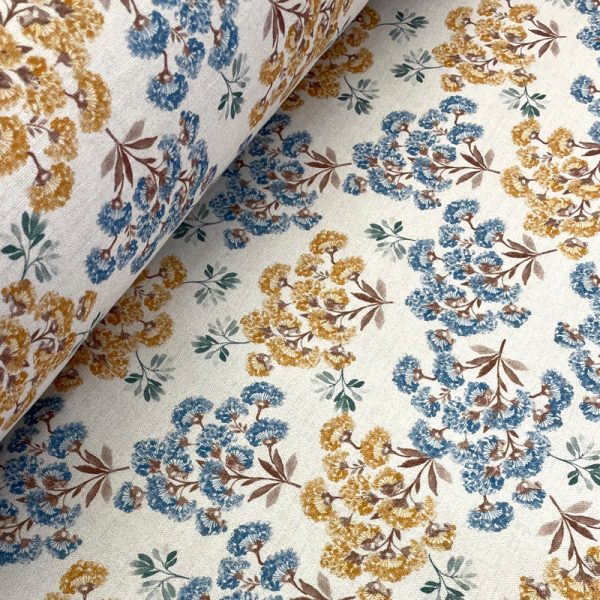 Tela Panamá Marissa Flores Azul Mostaza con diseño floral