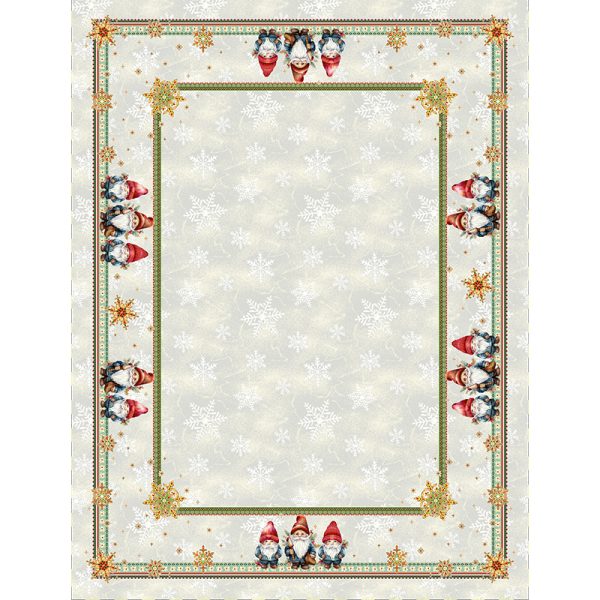 Mantel navideño rectangular con ilustración de gnomos, copos de nieve blancos y estrellas doradas sobre fondo gris