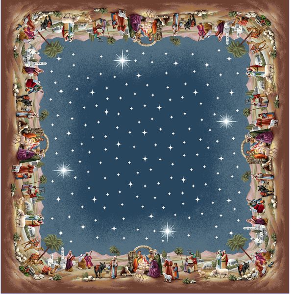 Cubre navideño azul con diseño de Nacimiento y cielo estrellado