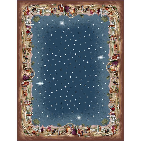 Mantel rectangular navideño con ilustración del nacimiento de Jesús y cielo azul estrellado