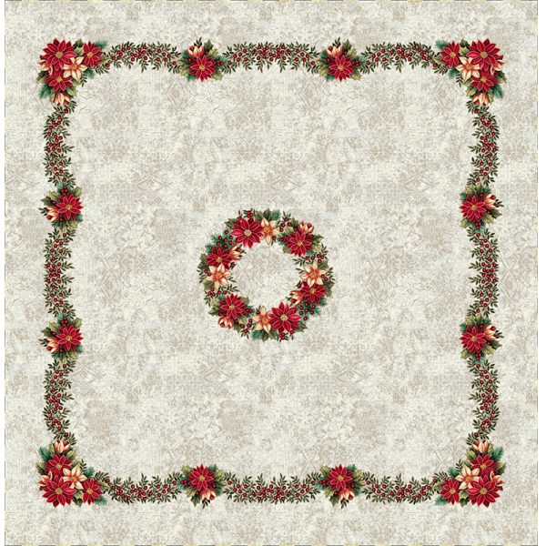 Cubre navideño cuadrado con diseño de coronas de nochebuena en tonos rojos y verdes sobre fondo claro