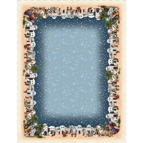Mantel rectangular navideño con ilustración del pueblo de Belén en los bordes y cielo estrellado azul al centro
