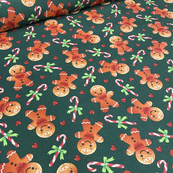 Tela navideña tafetán con estampado de galletas de jengibre y dulces navideños