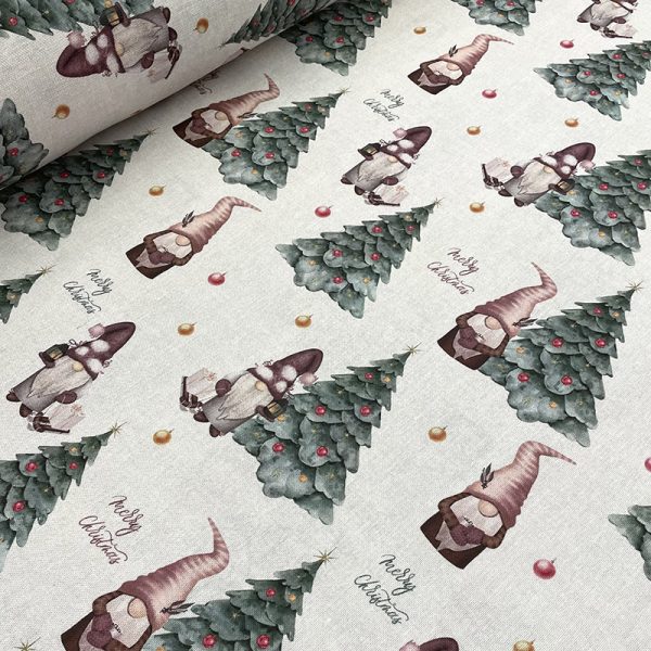 Tela navideña con duendes y árboles de Navidad decorados sobre fondo beige jaspeado