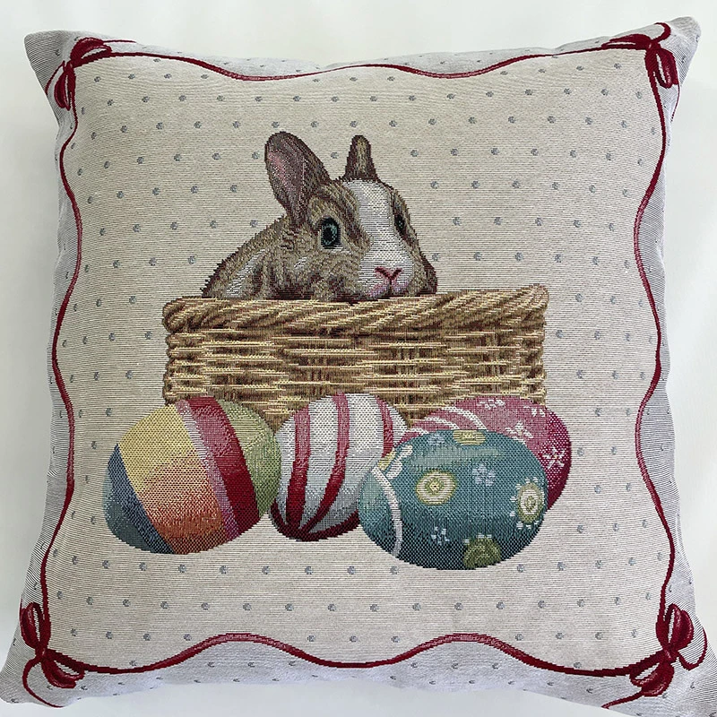 funda-decorativa-conejo-pascua-gobelino-45x45-800x800 Funda decorativa con diseño de conejo de Pascua, huevos de colores y fondo beige en tela gobelino 45x45 cm