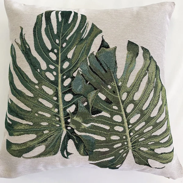 Funda decorativa tropical de gobelino con diseño de hojas verdes monstera 45x45 cm