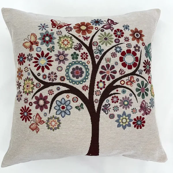 Funda decorativa tejida con diseño de árbol floral multicolor sobre fondo beige