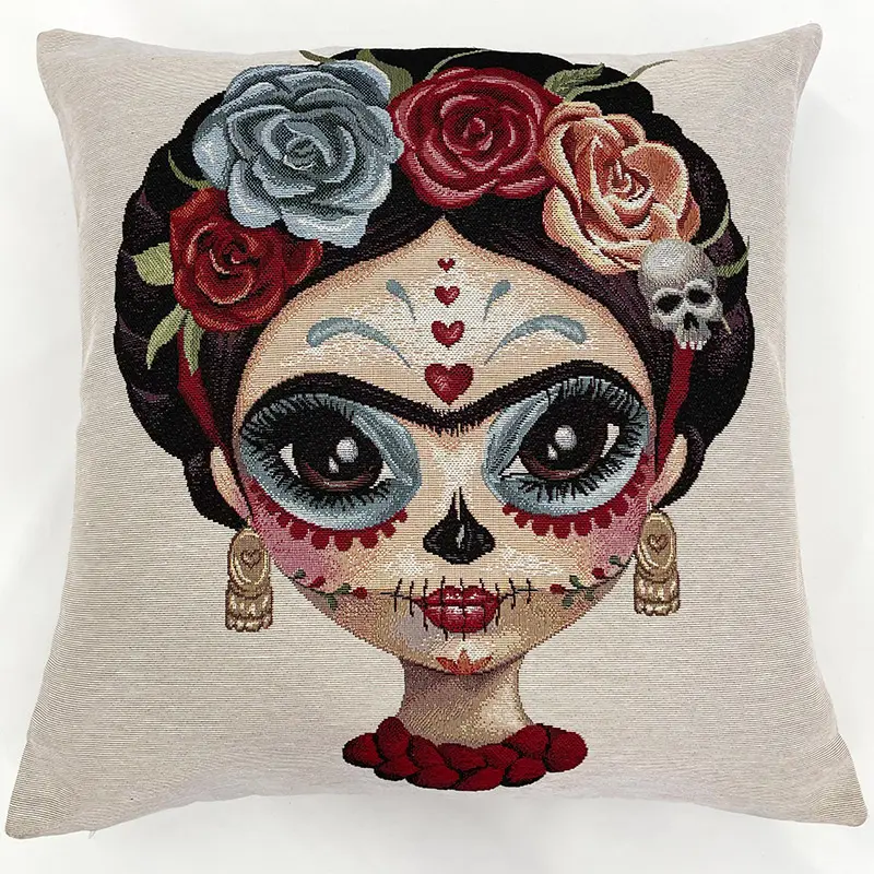 Funda decorativa de catrina con flores estilo Frida Kahlo en tela gobelino