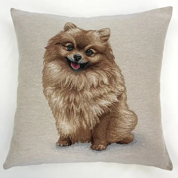 Funda decorativa con bordado de perrito pomerania en gobelino