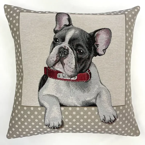 Funda decorativa con bulldog francés y fondo de lunares beige