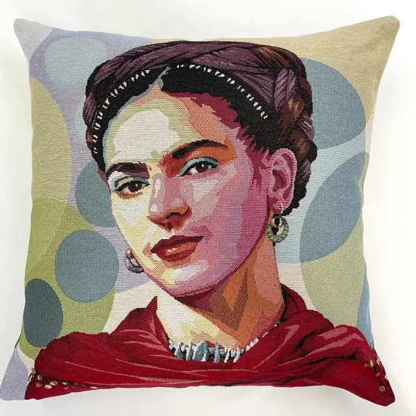 Funda decorativa Frida Kahlo estilo pop art sobre fondo de círculos de colores