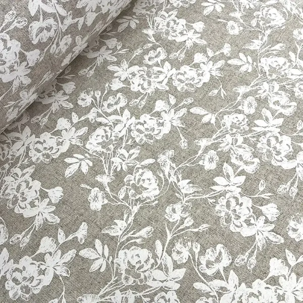 Tela loneta estampada beige con flores blancas para decoración