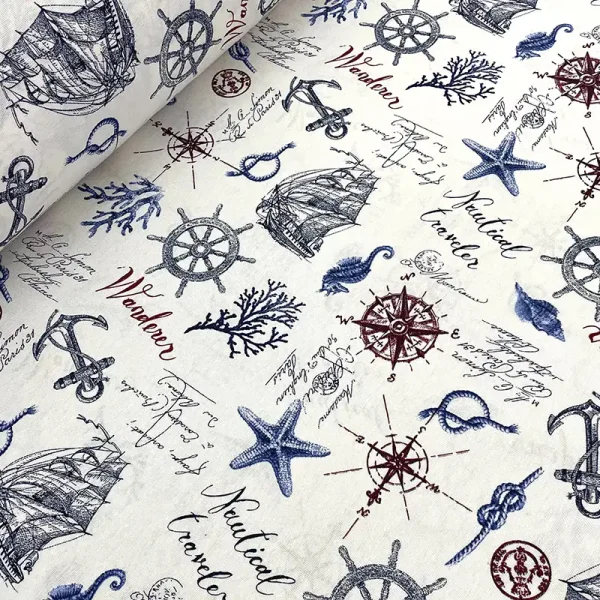 Tela loneta con estampado náutico de barcos, timones y anclas