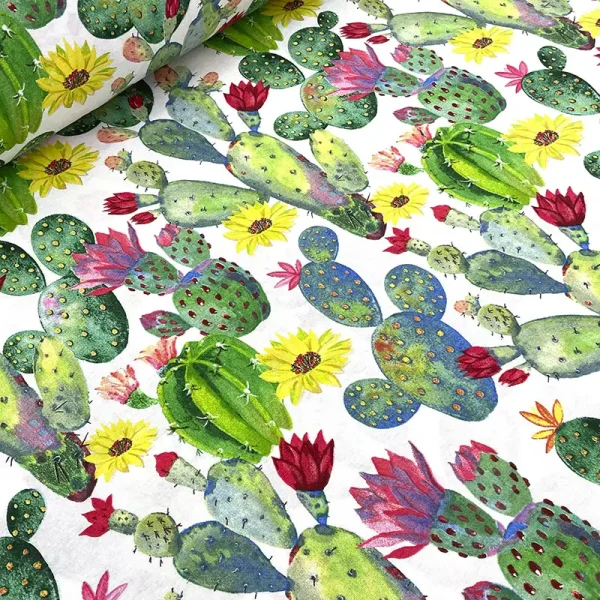 Tela loneta estampada con diseño de nopales y flores mexicanas