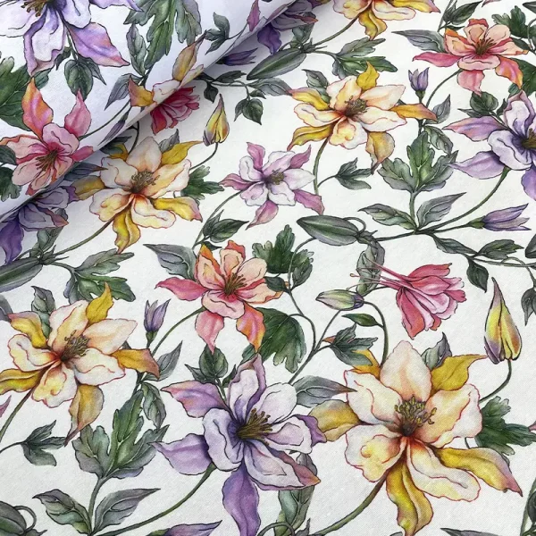 Tela loneta con estampado floral tipo acuarela en tonos vivos