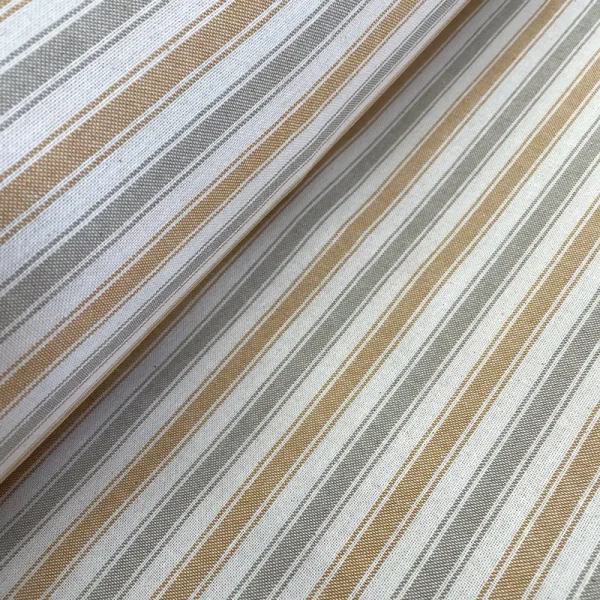 Tela loneta con rayas amarillas y grises sobre fondo natural, ideal para decoración