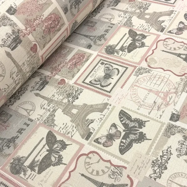Tela otoman jacquard con diseño de correo francés en tonos rosa y beige para tapicería decorativa.