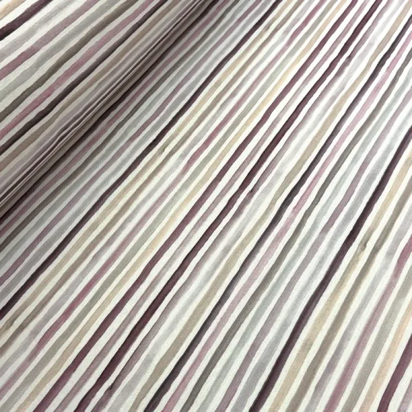 Tela Sabena Half Panama Dig con diseño de líneas multicolor en tonos rosa y neutros para decoración interior.