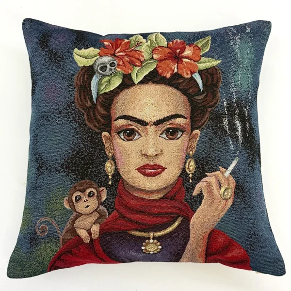 Frida Kahlo, cojín decorativo, tela gobelino, decoración mexicana, cojín 45x45, arte mexicano, textiles para el hogar, funda de algodón y poliéster, cojines con cierre, Telas del Río.