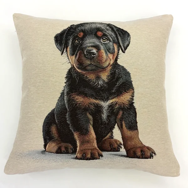 Funda de cojín de tela gobelino con el rostro de un cachorro de perro Rottweiler color negro y café.