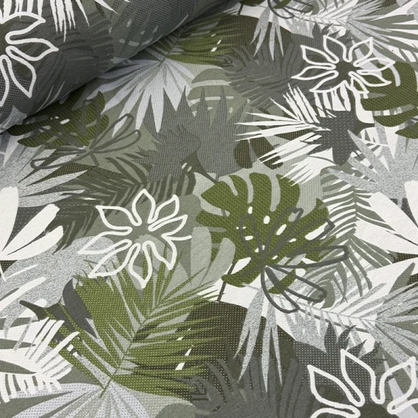 Estampado digital de hojas tropicales y monstera en tonos verdes y grises sobre loneta mexicana de 2.80 metros de ancho.