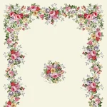 Mantel con flores tipo jardín formando un marco decorativo sobre fondo claro