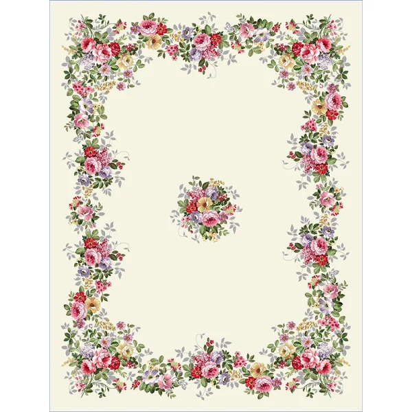 Mantel con flores tipo jardín formando un marco decorativo sobre fondo claro