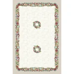 Mantel rectangular de gobelino con estampado tejido de tulipanes y flores silvestres sobre fondo claro.