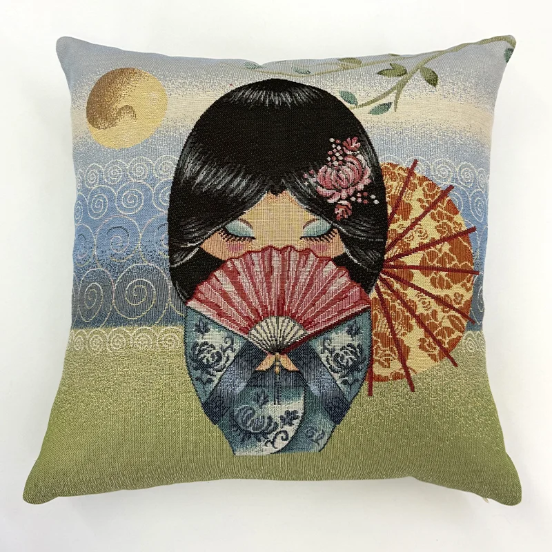 funda-cojin-muneca-japonesa-con-abanicos-800x800 Funda de cojín con diseño tejido de una muñeca japonesa tradicional con abanico rojo y sombrilla naranja en tela gobelino.