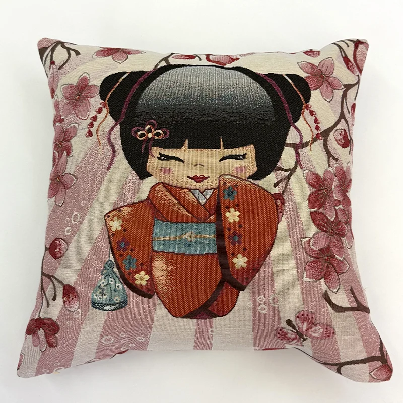 funda-cojin-muneca-japonesa-y-flor-de-cerezo-800x800 Funda de cojín rosa con diseño tejido de una muñeca japonesa y flores de cerezo en tela gobelino de alta calidad.