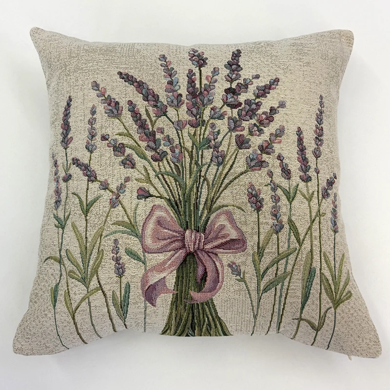 funda-cojin-ramo-de-lavandas-800x800 Funda de cojín beige con diseño tejido de un ramo de flores de lavanda con un lazo rosa en tela gobelino de gran calidad.
