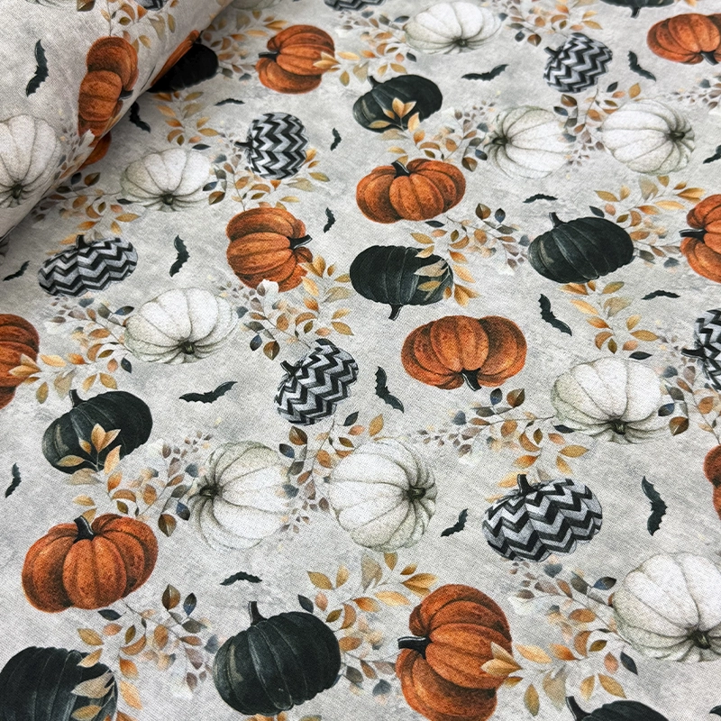 tela-petite-calabazas-otono-fondo-gris-800x800 Tela Petite Calabazas de Otoño con estampado digital de calabazas sobre fondo gris para confección de ropa y fundas.
