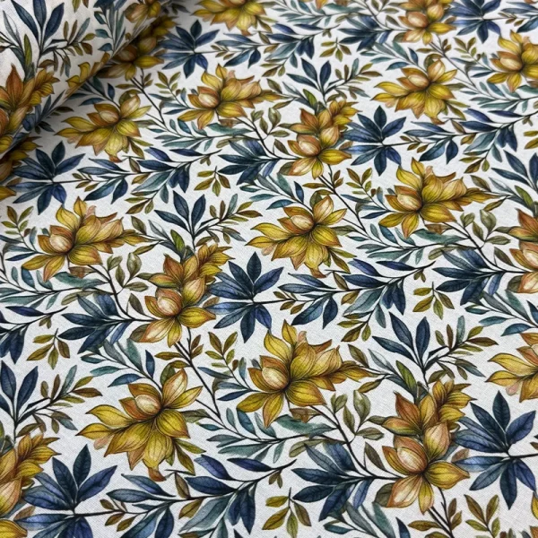 Tela Petite Flores Silvestres Amarillas con estampado digital botánico de flores ocres y hojas azules para costura creativa de ropa.