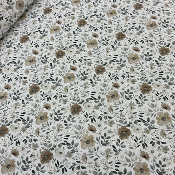 Tela Petite Flores Silvestres Beige de imagen_6bdea7.jpg con estampado digital botánico campestre en fondo blanco para costura y confección de ropa.