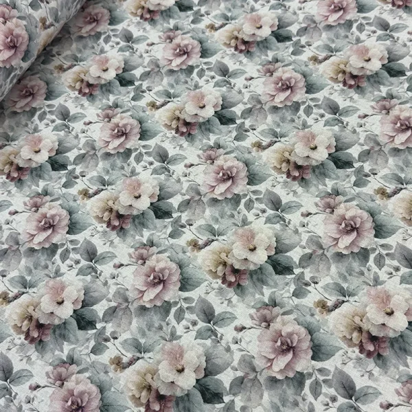 Tela Petite Rosas Románticas Fondo Blanco de la imagen_6bedef.jpg con estampado digital de rosas en tonos malva y hojas grises para costura y decoración de hogar.