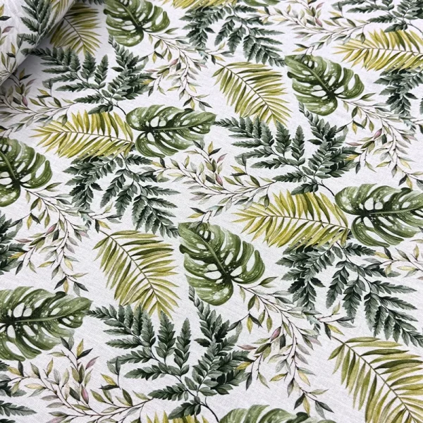 Tela Petite Hojas Tropicales y Monstera de la image_6c4825.jpg con estampado digital de costilla de Adán y helechos en color verde sobre fondo blanco texturizado.