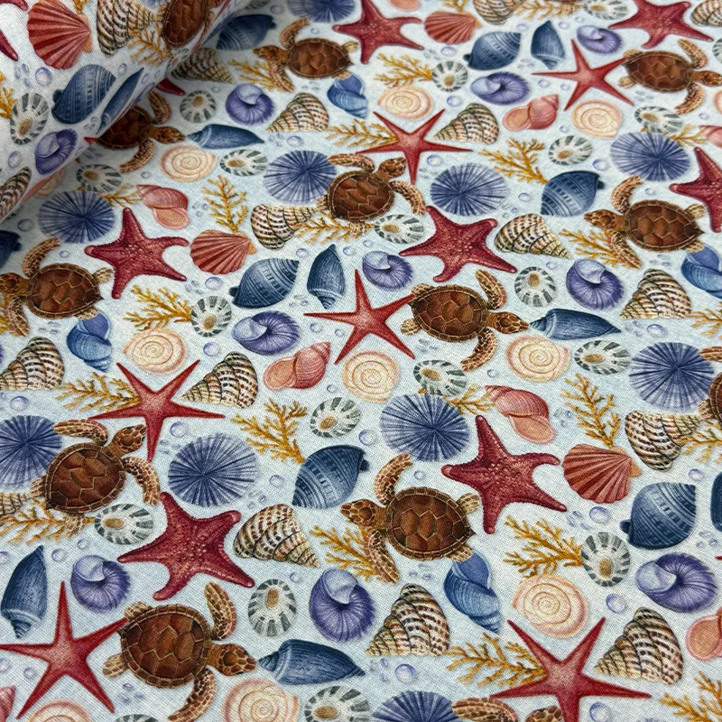 tela-petite-tortugas-estrellas-conchas-marinas-azul-800x800 Tela Petite Tortugas y Conchas Marinas con estampado digital de tortuguitas marinas, estrellas y conchas para confección de ropa de verano.